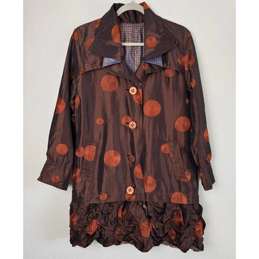 UBU reversible polka dot hounds tooth long jacket mettalic crinkle ruffle S - Picture 2 of 13